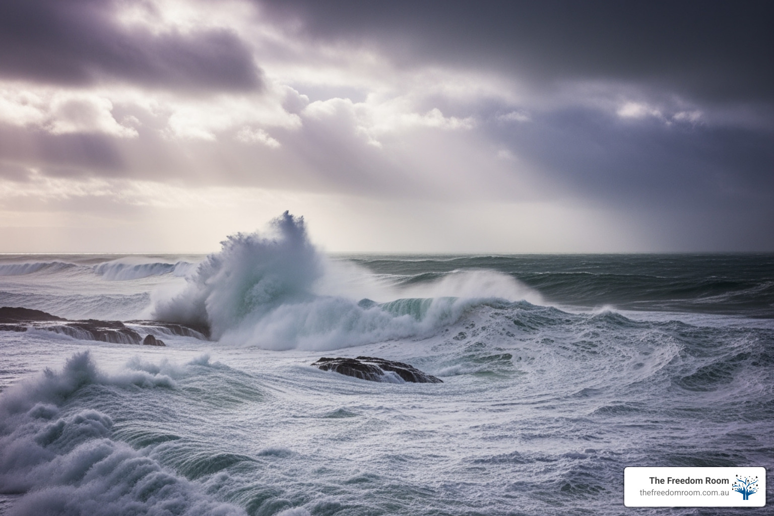 Dramatic image of large, turbulent waves crashing, representing the powerful, overwhelming emotions associated with alcohol and grief.