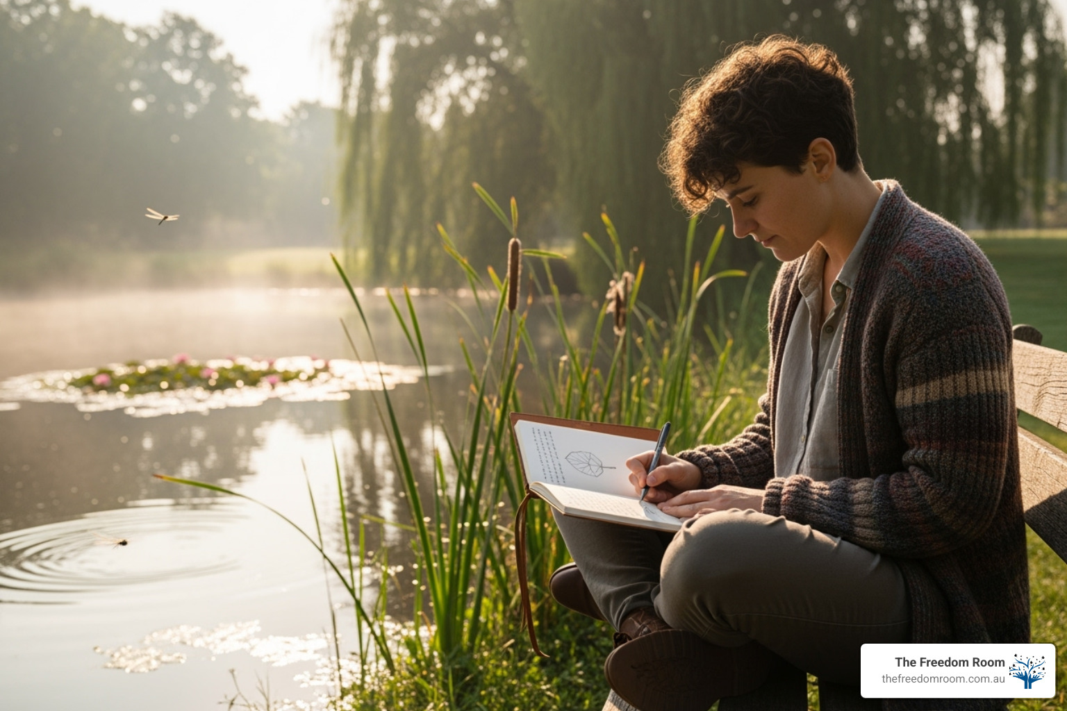 Person journaling by a misty pond in nature, using mindful activity as a healthy alternative to self-medicating with alcohol and grief.