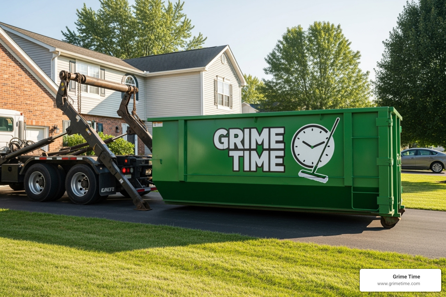 Grime Time dumpster being delivered to a residential home in a suburban setting - dumpster rental georgetown tx