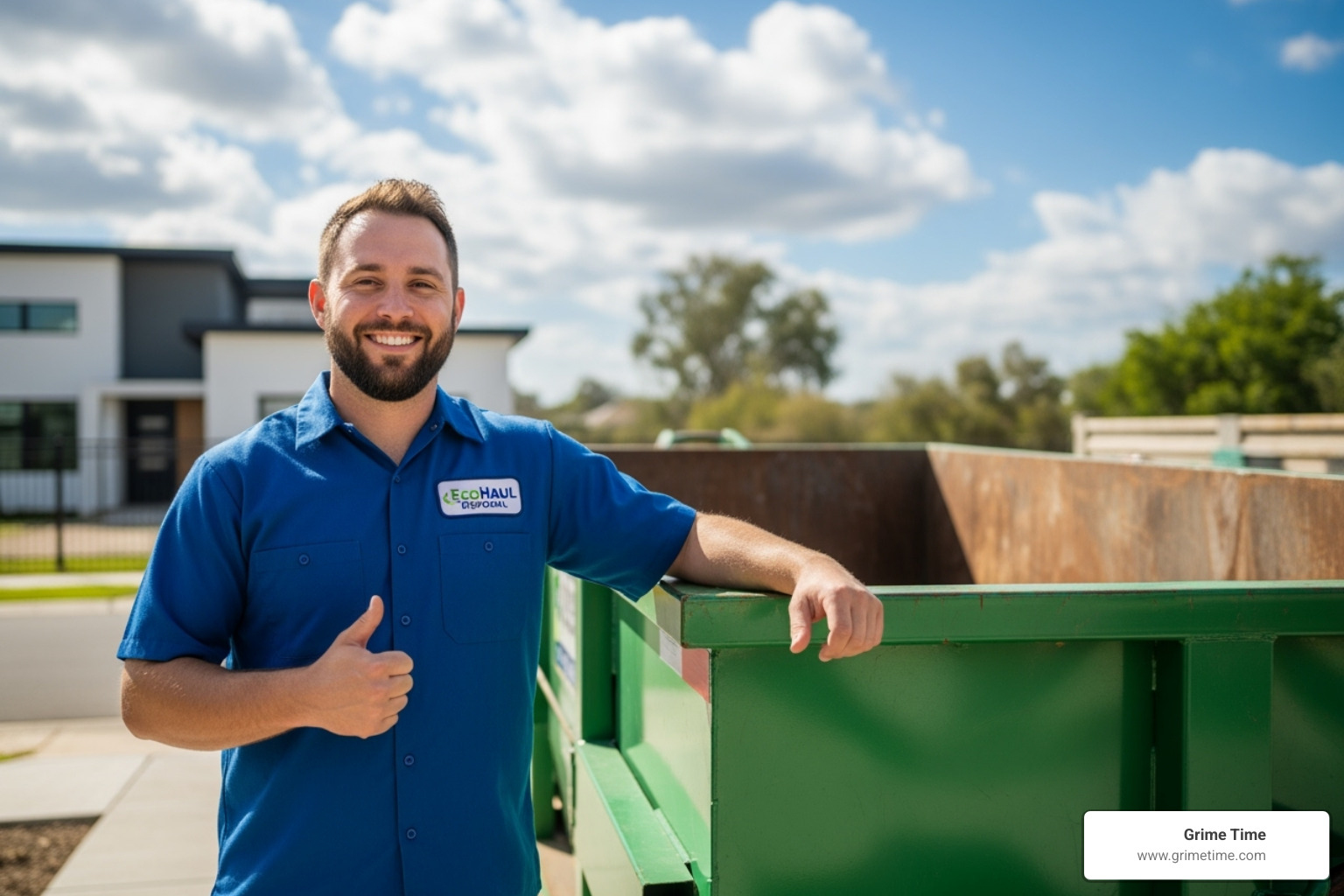 friendly Grime Time driver giving a thumbs-up next to a dumpster - dumpster rental georgetown tx