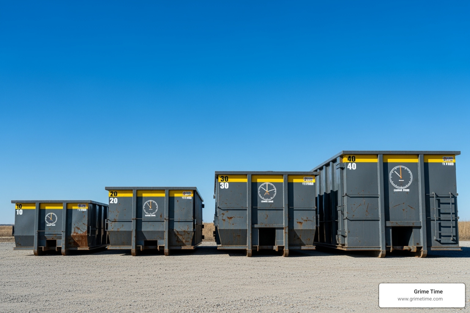 lineup of different Grime Time dumpster sizes (10, 20, 30, 40 yard) - dumpster rental georgetown tx