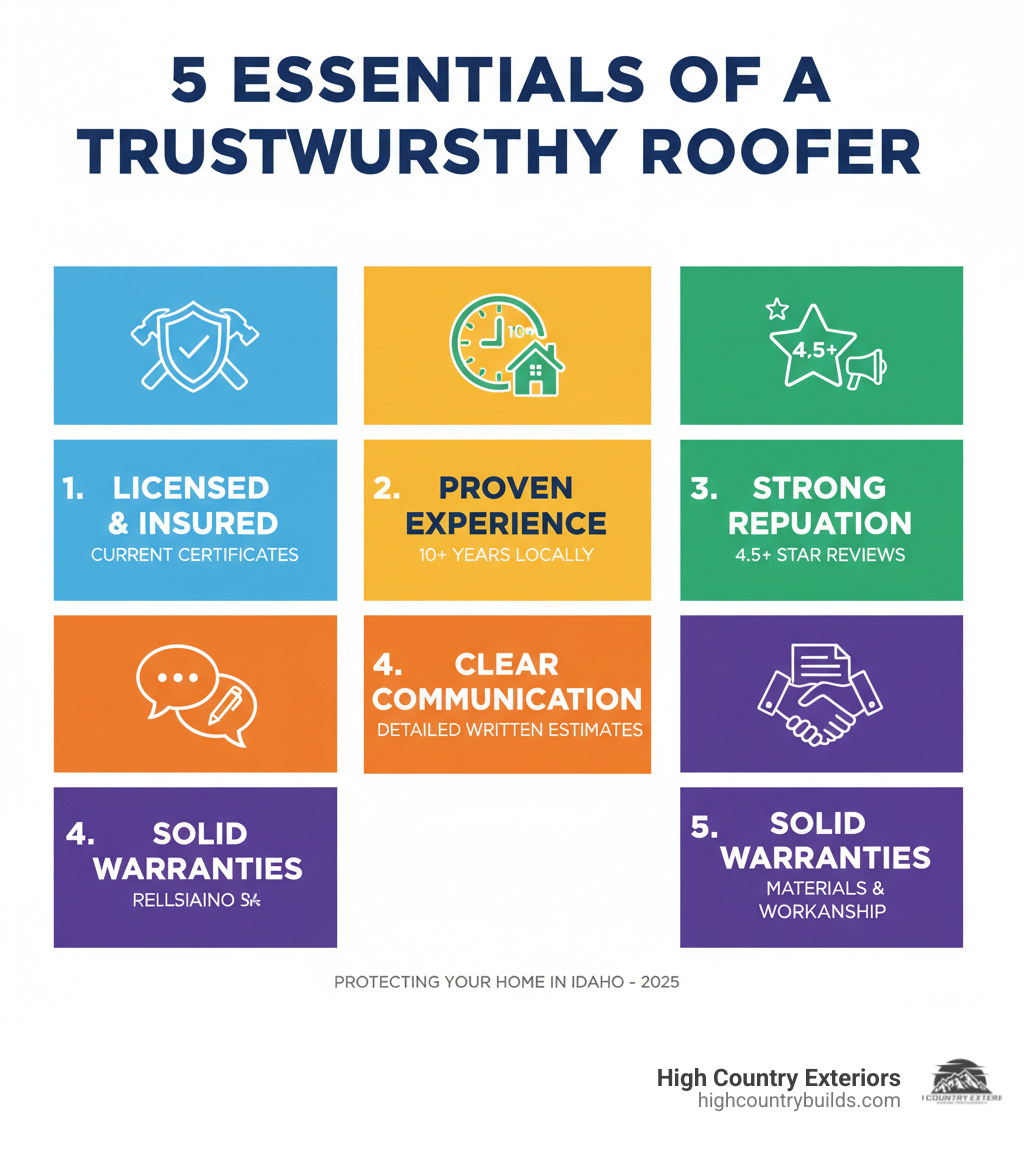 Infographic showing the 5 key pillars of a trustworthy roofer: Licensed and Insured with current certificates, Proven Experience of 10+ years locally, Strong Reputation with 4.5+ star reviews, Clear Communication with detailed written estimates, and Solid Warranties covering both materials and workmanship - Trustworthy roofing company infographic 