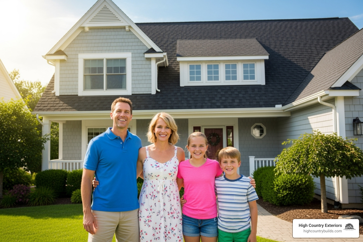 Smiling family standing in front of their home with a new, beautiful roof - Trustworthy roofing company