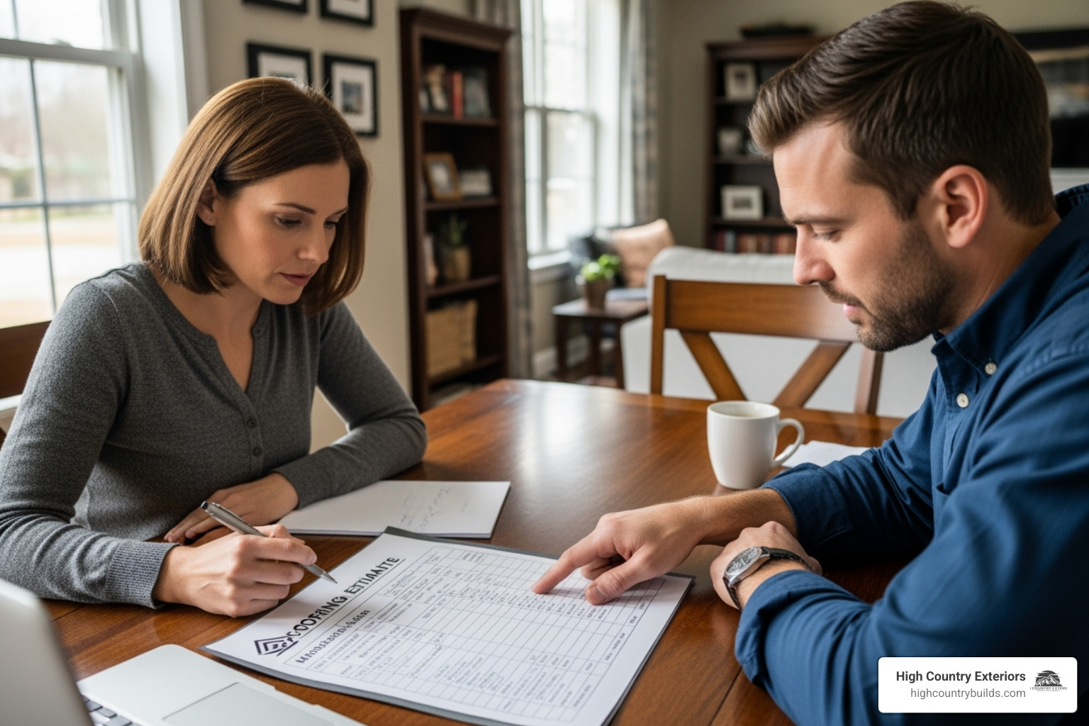 Homeowner reviewing a detailed written estimate with a contractor - Trustworthy roofing company