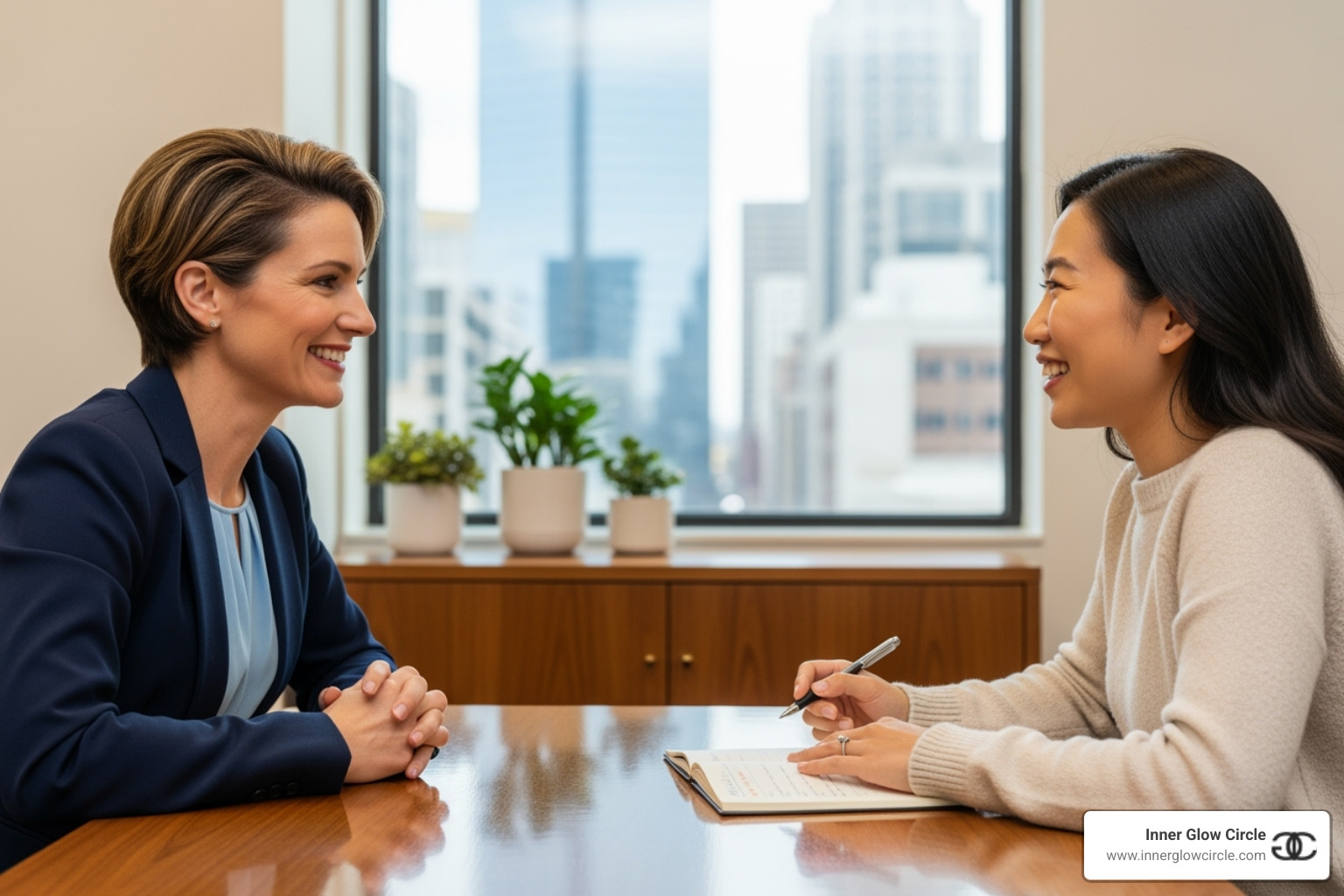 One-on-one coaching session with two women smiling and engaged - woman empowerment coach