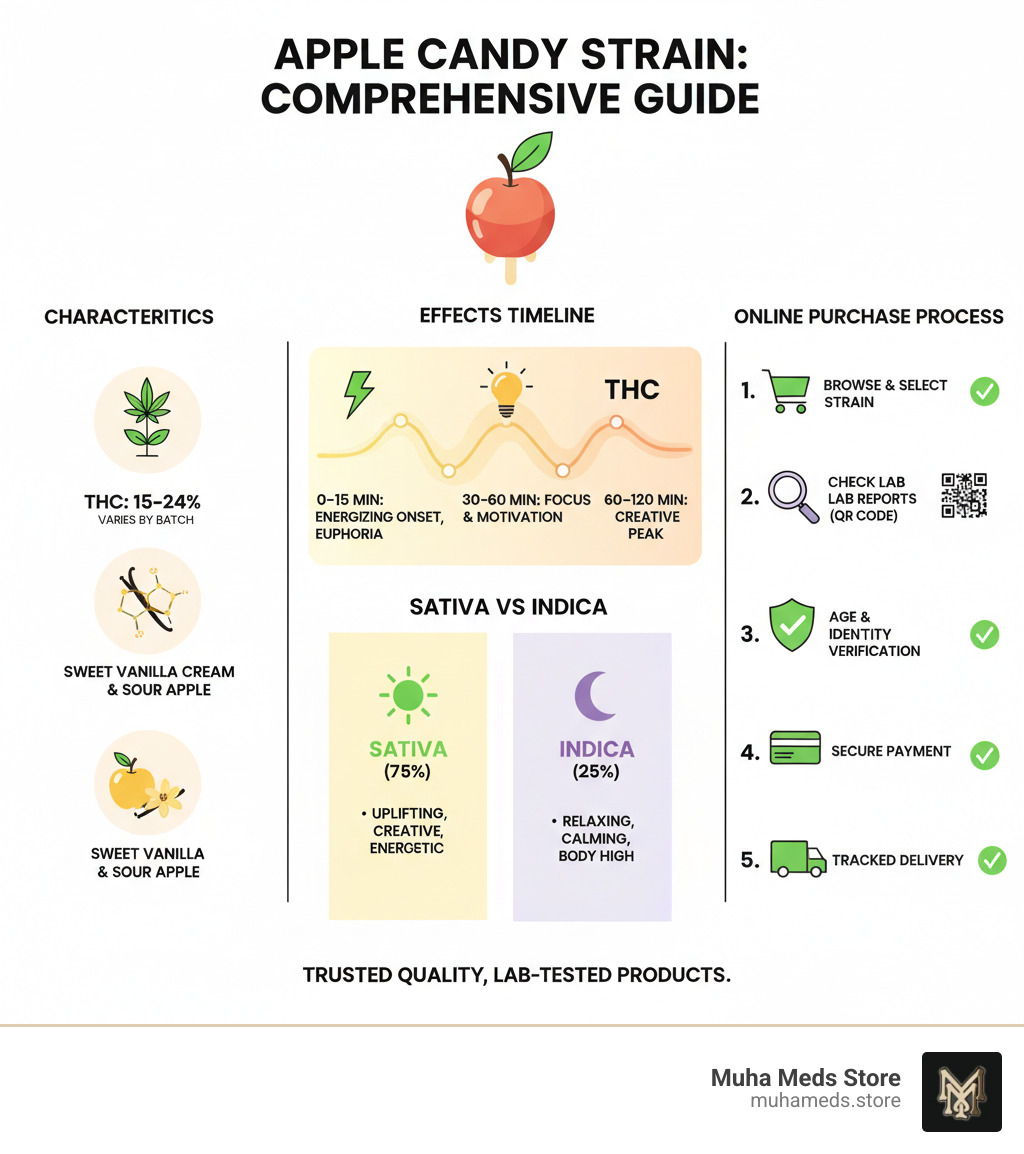 Comprehensive guide showing Apple Candy strain characteristics, effects timeline from energizing onset to creative peak, comparison of sativa vs indica effects, THC content ranges, and step-by-step online purchasing process with safety verification checkpoints - Buy Apple Candy Strain online infographic 