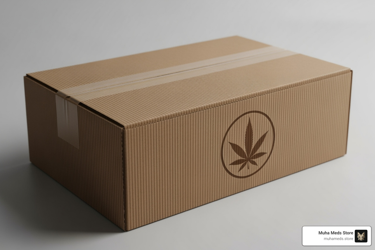 A discreetly packaged shipping box with a cannabis leaf logo - Buy Apple Candy Strain online