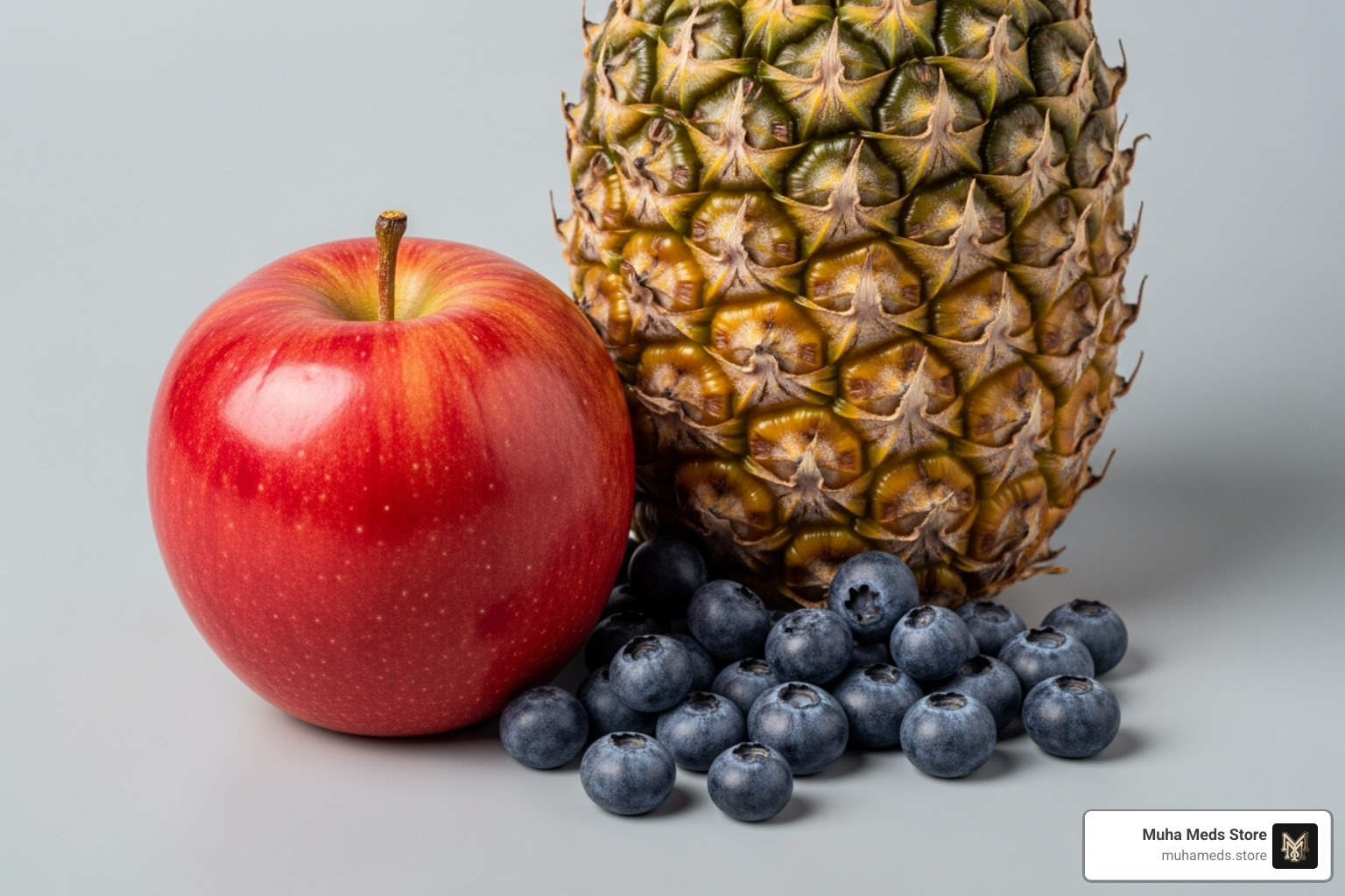 An apple, a pineapple, and blueberries representing the genetic and flavor profiles of Apple Candy strain - Buy Apple Candy Strain online