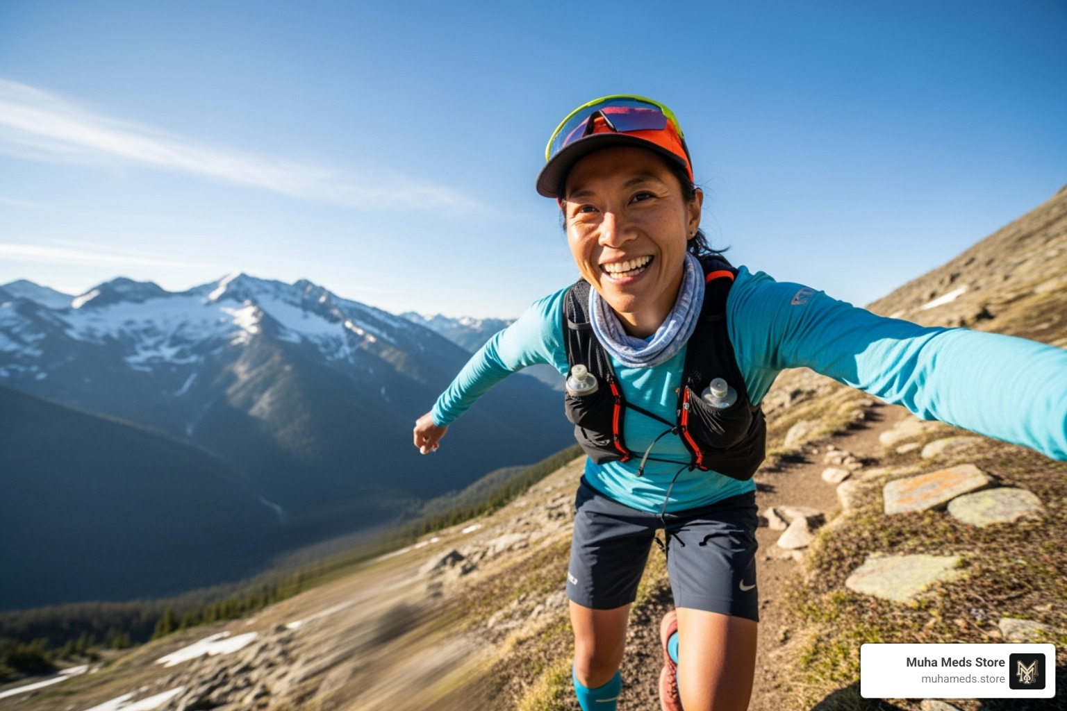 A person smiling and looking energetic while enjoying outdoor activities - Buy Apple Candy Strain online