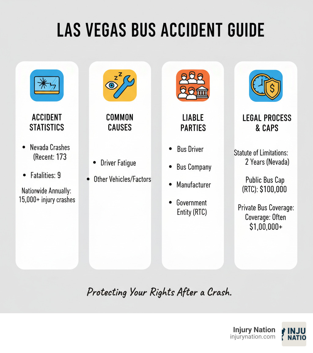 Infographic showing Las Vegas bus accident statistics, common causes including driver fatigue and poor maintenance, types of liable parties from bus drivers to government entities, and the legal process timeline including Nevada's 2-year statute of limitations and damage caps for public versus private buses - Bus accident lawyer Las Vegas infographic 