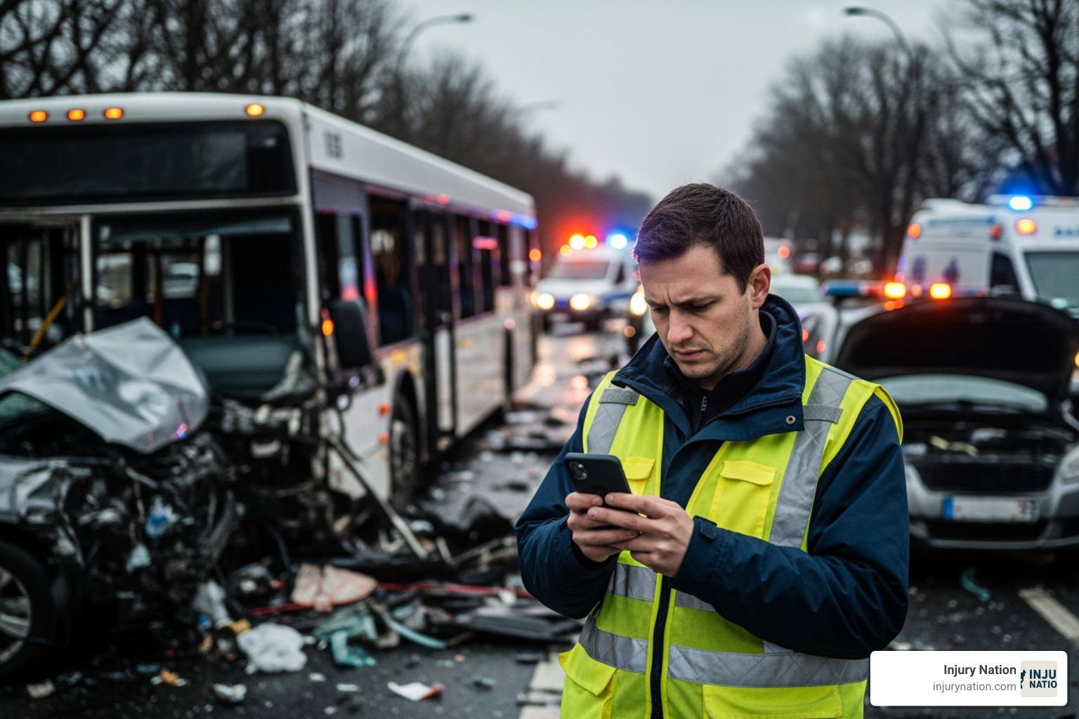 person on phone at accident scene with checklist - Bus accident lawyer Las Vegas