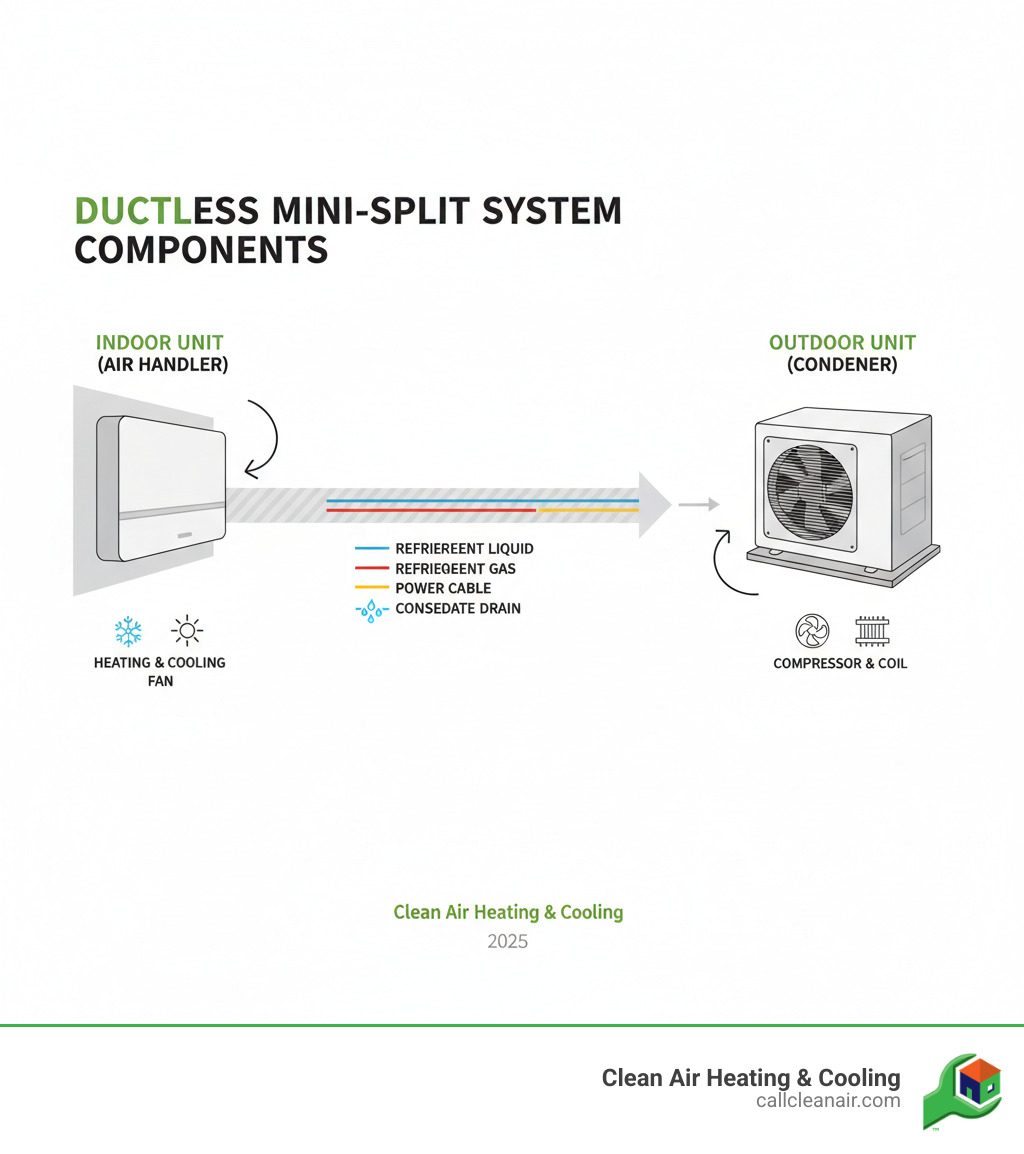 Infographic showing the main components of a ductless mini split system including the indoor air handler mounted on a wall, the outdoor condenser unit, and the connecting conduit with refrigerant lines, power cable, and condensate drain running between them - mini split repair infographic 