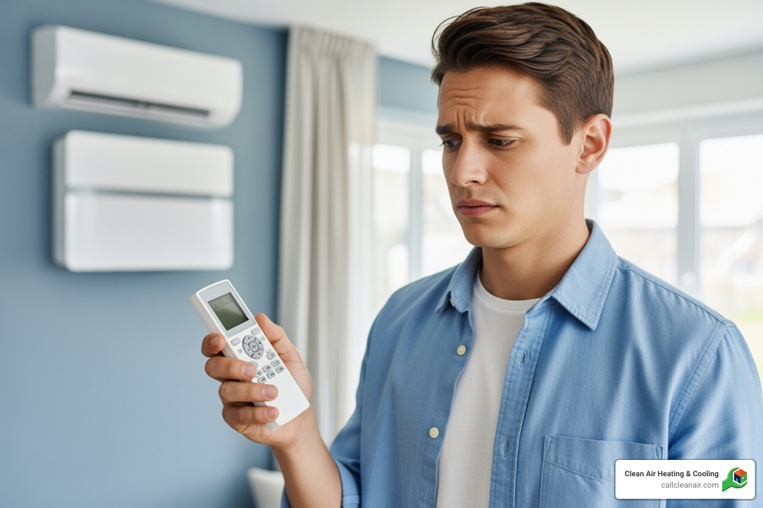 A homeowner looking at their mini split's remote control with a puzzled expression - mini split repair