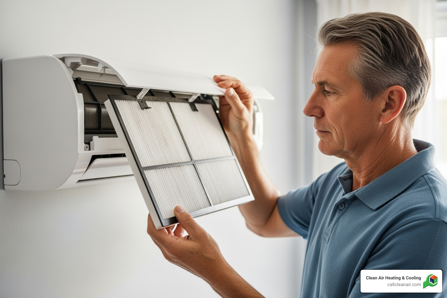 A homeowner carefully removing and inspecting the filter from an indoor mini split unit - mini split repair