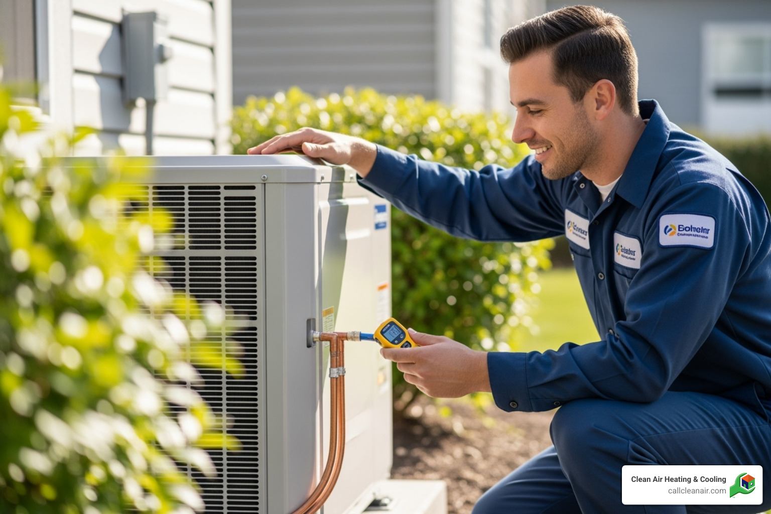 A friendly, uniformed HVAC technician diagnosing an outdoor condenser unit - mini split repair