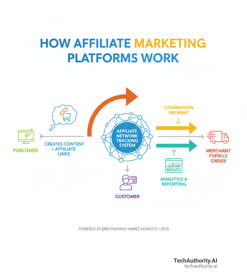 Detailed infographic showing how affiliate marketing platforms work: Publishers create content with affiliate links, customers click and purchase through the network's tracking system, merchants fulfill orders, and the network distributes commissions to publishers while providing analytics and reporting tools - affiliate marketing platforms infographic Detailed infographic showing how affiliate marketing platforms work: Publishers create content with affiliate links, customers click and purchase through the network's tracking system, merchants fulfill orders, and the network distributes commissions to publishers while providing analytics and reporting tools - affiliate marketing platforms infographic