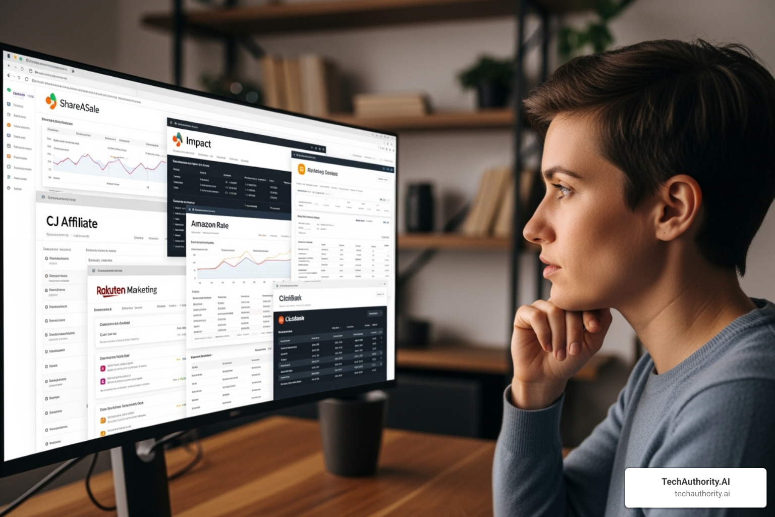 Person comparing different affiliate network options on a screen - affiliate marketing platforms Person comparing different affiliate network options on a screen - affiliate marketing platforms