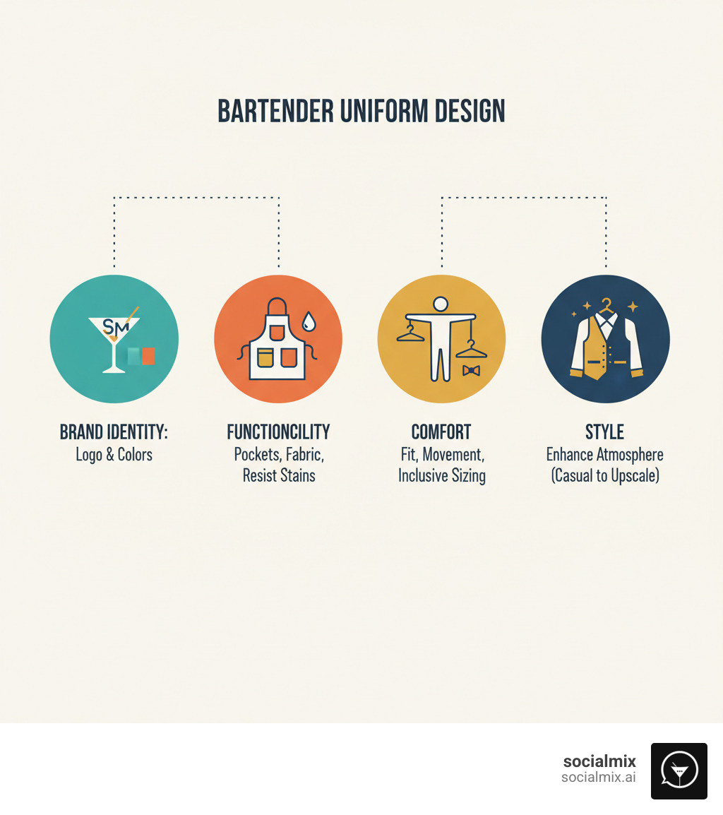 Infographic showing the four key pillars of effective bartender uniform design: Brand Identity (logo placement and color schemes that reflect bar concept), Functionality (breathable fabrics, tool pockets, stain-resistant materials), Comfort (proper fit, ease of movement, inclusive sizing), and Style (design choices that improve atmosphere from casual to upscale) - bartender uniform design infographic Infographic showing the four key pillars of effective bartender uniform design: Brand Identity (logo placement and color schemes that reflect bar concept), Functionality (breathable fabrics, tool pockets, stain-resistant materials), Comfort (proper fit, ease of movement, inclusive sizing), and Style (design choices that improve atmosphere from casual to upscale) - bartender uniform design infographic