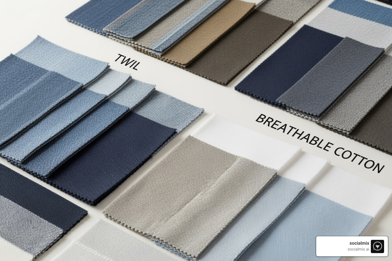 Fabric swatches for bartender uniforms, including denim, canvas, twill, and breathable cotton, arranged neatly to showcase texture and color options - bartender uniform design Fabric swatches for bartender uniforms, including denim, canvas, twill, and breathable cotton, arranged neatly to showcase texture and color options - bartender uniform design