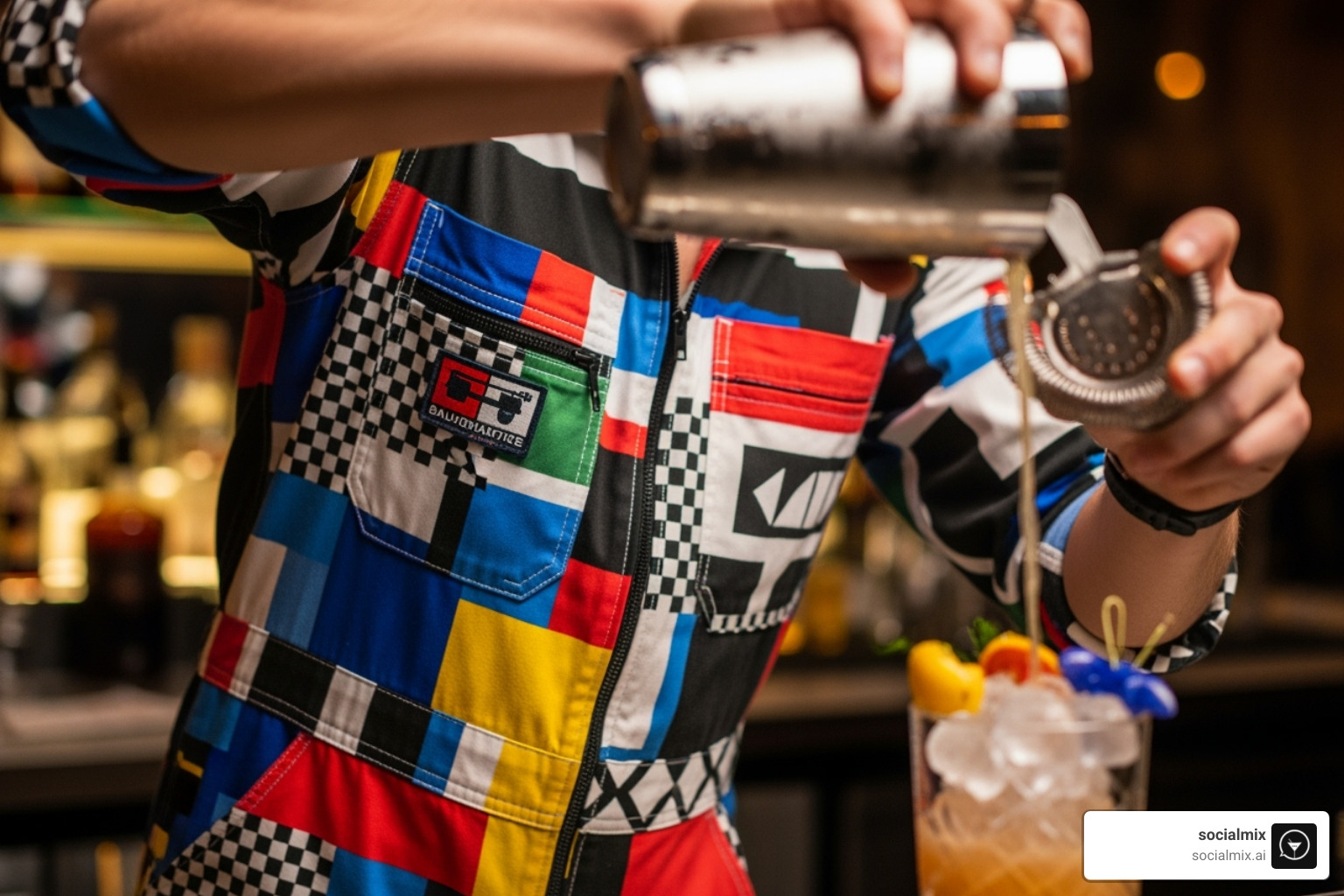 A bartender in a Bauhaus-inspired colored mechanic's jumpsuit, mixing a cocktail with a focus on vibrant colors and functional design - bartender uniform design A bartender in a Bauhaus-inspired colored mechanic's jumpsuit, mixing a cocktail with a focus on vibrant colors and functional design - bartender uniform design