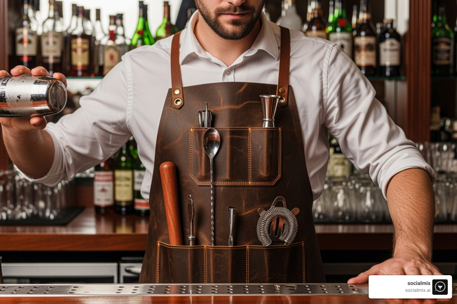 Bartender wearing a high-quality leather bib apron with various bar tools neatly organized in its pockets, showcasing functionality and style - bartender uniform design Bartender wearing a high-quality leather bib apron with various bar tools neatly organized in its pockets, showcasing functionality and style - bartender uniform design