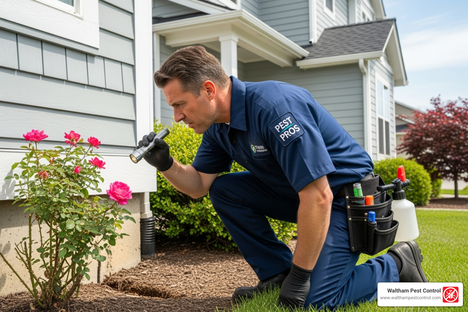 professional exterminator inspecting a home's exterior - belmont exterminator