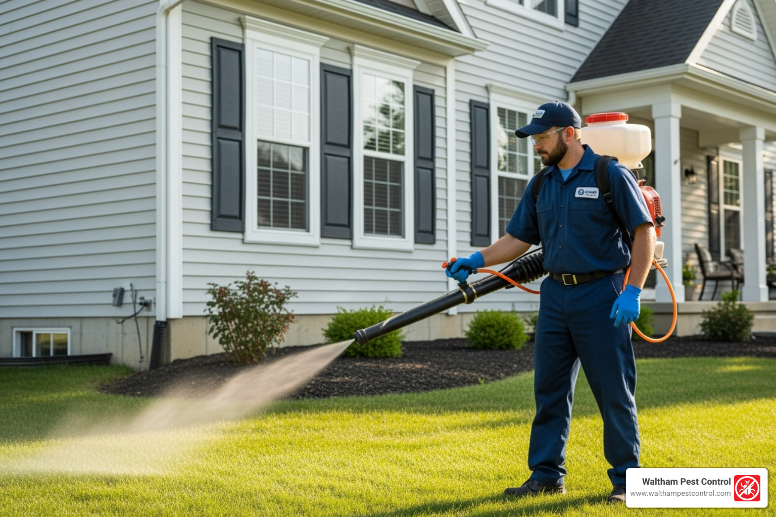 technician treating the perimeter of a house - belmont exterminator