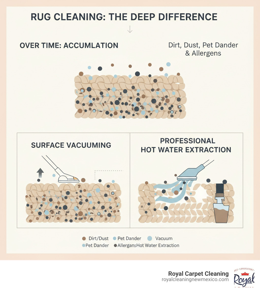 Infographic showing how dirt, dust, pet dander, and allergens penetrate deep into rug fibers over time, with surface vacuuming only removing the top layer while professional hot water extraction reaches deep-embedded contaminants - rug cleaning service infographic 