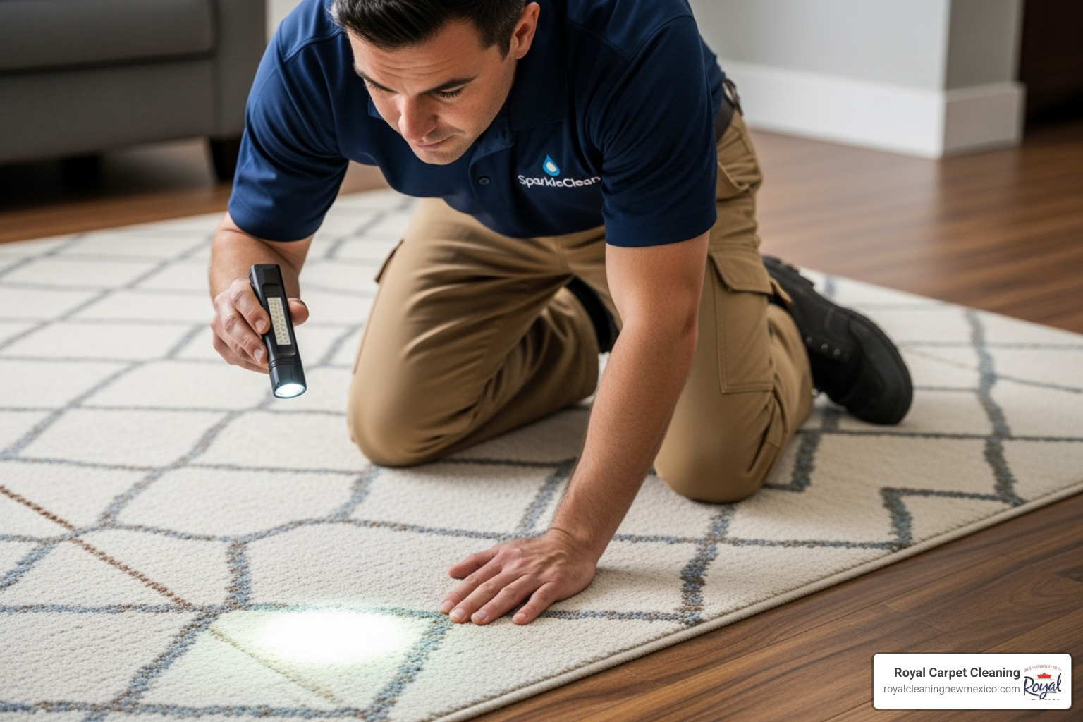 image of uniformed technician inspecting rug - rug cleaning service