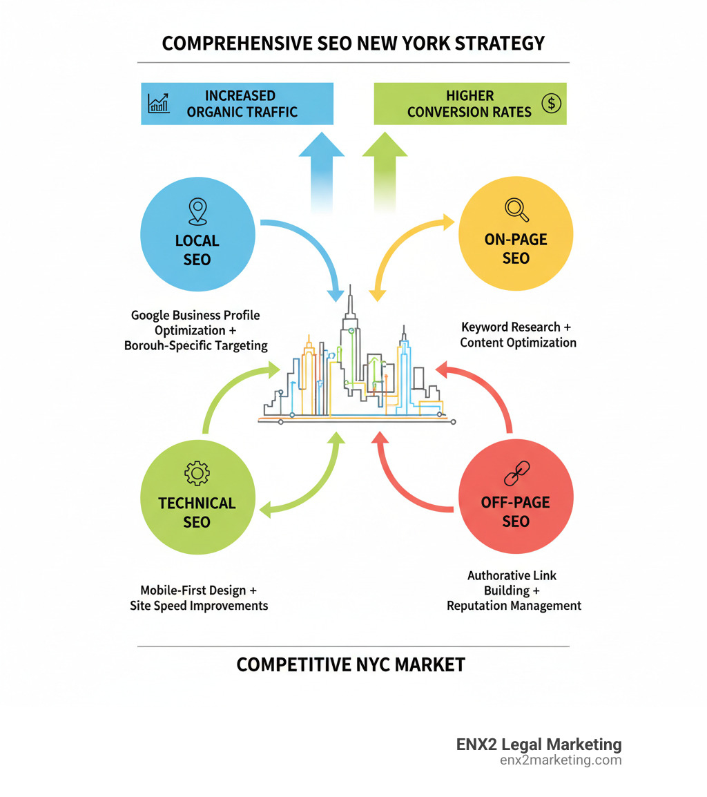 Comprehensive SEO New York strategy breakdown showing the four pillars: Local SEO with Google Business Profile optimization and borough-specific targeting, On-Page SEO with keyword research and content optimization, Technical SEO with mobile-first design and site speed improvements, and Off-Page SEO with authoritative link building and reputation management, all connected to increased organic traffic and higher conversion rates in the competitive NYC market - seo new york infographic 