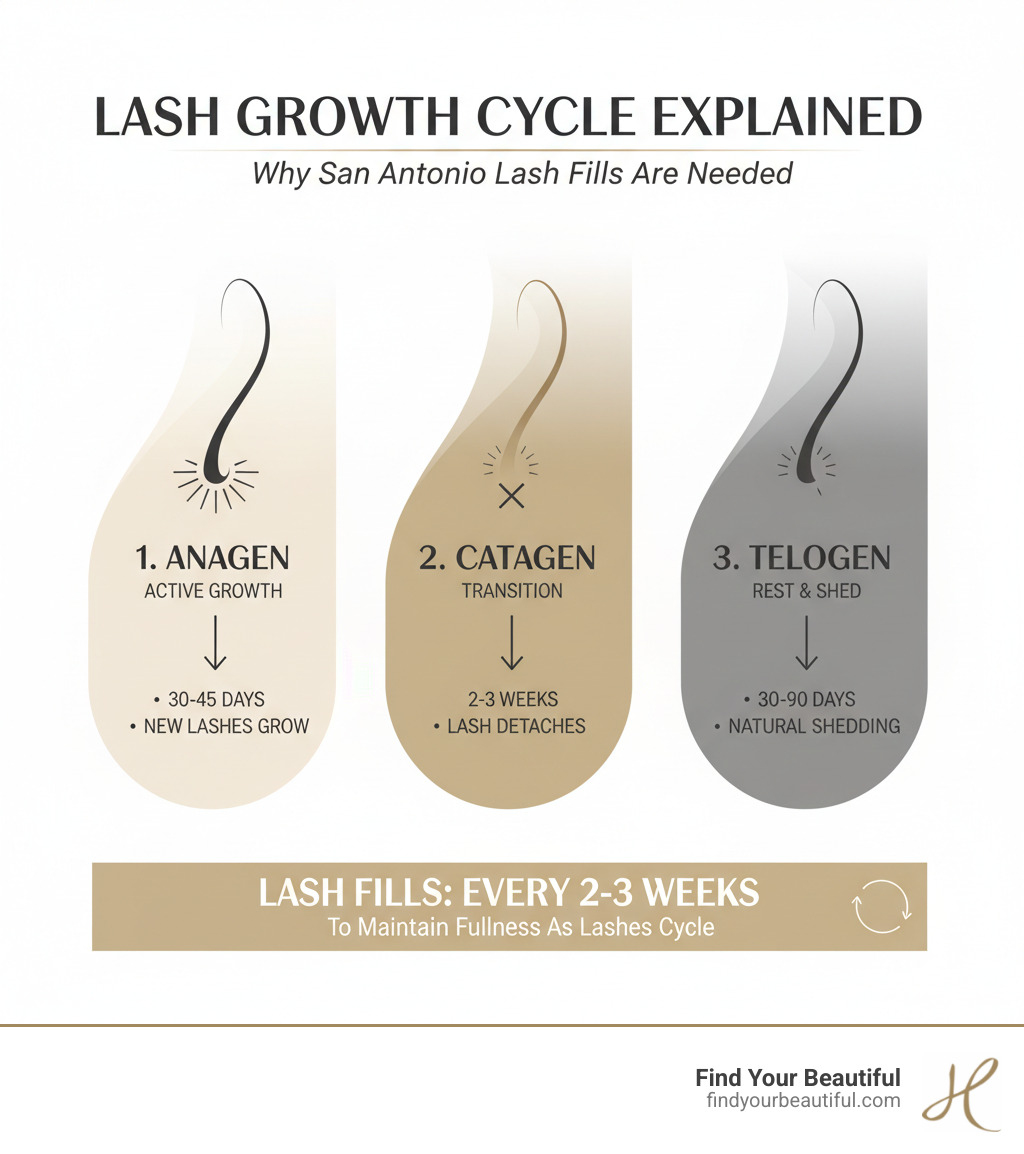 Infographic showing the 90-day lash growth cycle with three phases: Anagen (active growth phase lasting 30-45 days), Catagen (transition phase lasting 2-3 weeks), and Telogen (resting phase lasting 30-90 days), explaining why lash extension fills are needed every 2-3 weeks as natural lashes shed and new ones grow - san antonio lash extensions infographic Infographic showing the 90-day lash growth cycle with three phases: Anagen (active growth phase lasting 30-45 days), Catagen (transition phase lasting 2-3 weeks), and Telogen (resting phase lasting 30-90 days), explaining why lash extension fills are needed every 2-3 weeks as natural lashes shed and new ones grow - san antonio lash extensions infographic