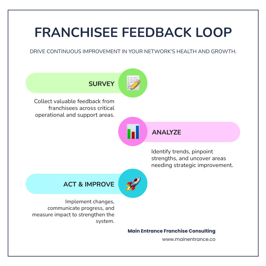 Infographic showing the franchisee satisfaction survey feedback loop: survey franchisees to collect data, analyze results to identify trends, create action plans to address issues, implement improvements, and measure impact through follow-up surveys - franchisee satisfaction survey infographic infographic-line-3-steps-colors