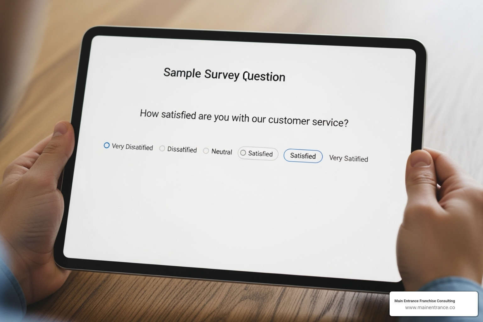 Sample survey question on a tablet screen, showing a likert scale rating - franchisee satisfaction survey