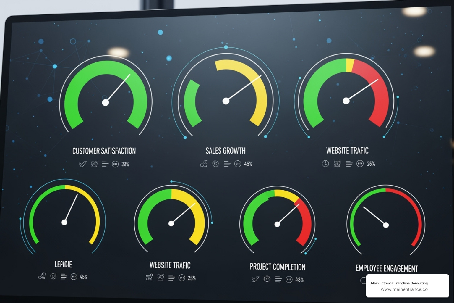 Dashboard report with gauges for different satisfaction categories like 'training' and 'leadership' - franchisee satisfaction survey