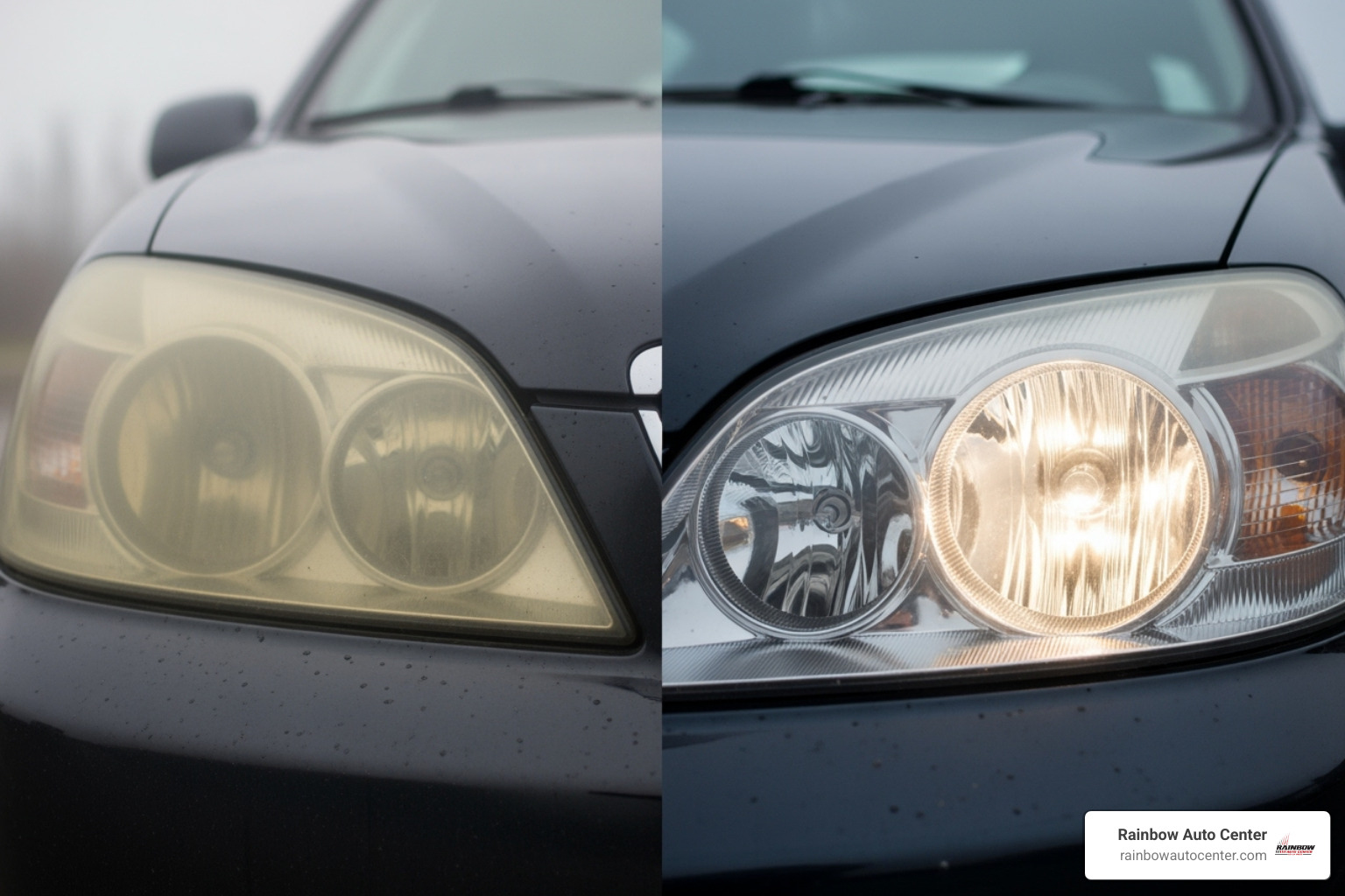 Side-by-side comparison of a foggy, yellowed headlight and a restored, clear one - car detailing hayward