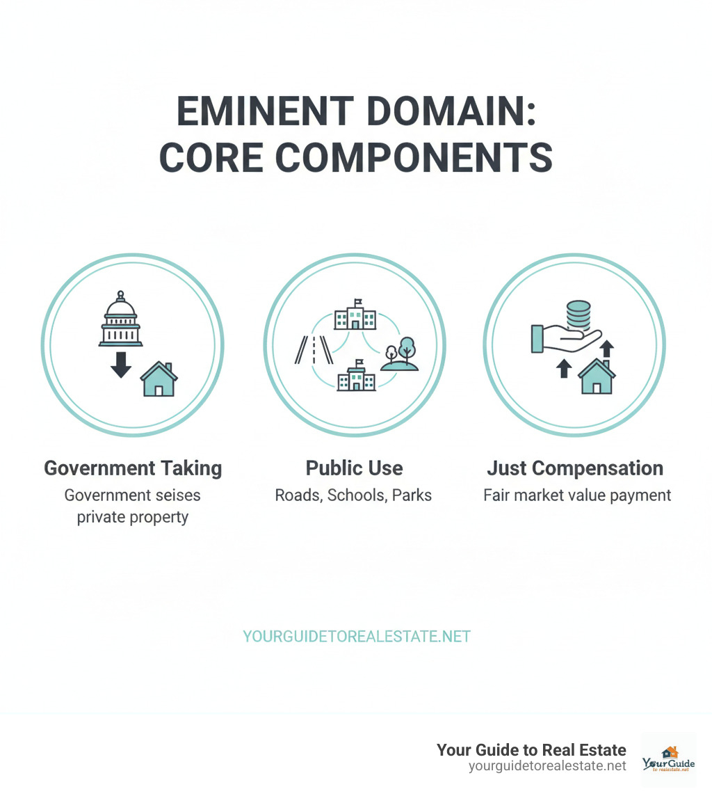 Infographic showing the three core components of eminent domain: Government Taking (government seizes private property), Public Use (property must serve the public interest such as roads, schools, or parks), and Just Compensation (property owner receives fair market value payment) - eminent domain examples infographic 