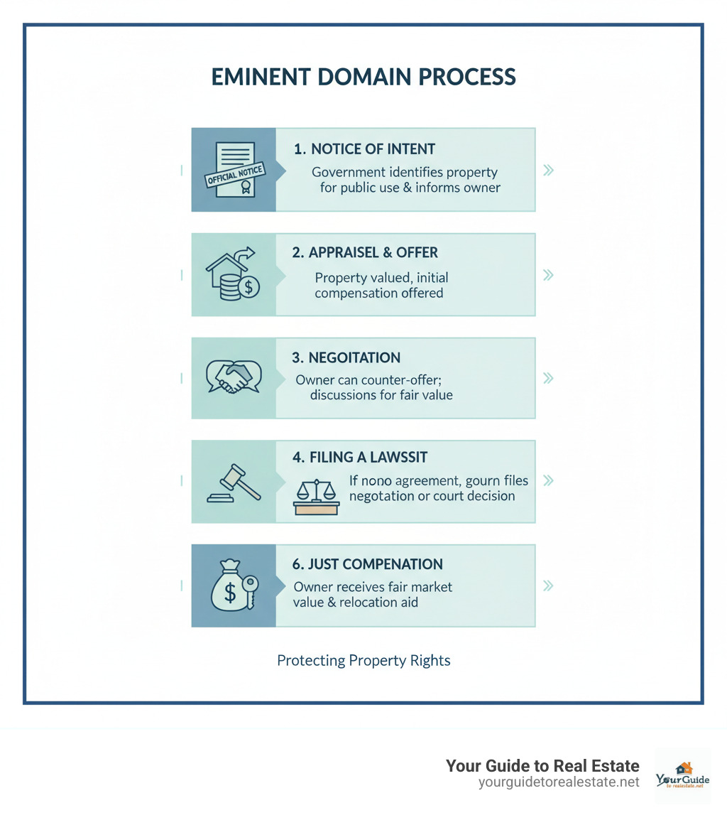 Infographic explaining the step-by-step eminent domain process from notice to compensation - eminent domain cases infographic 