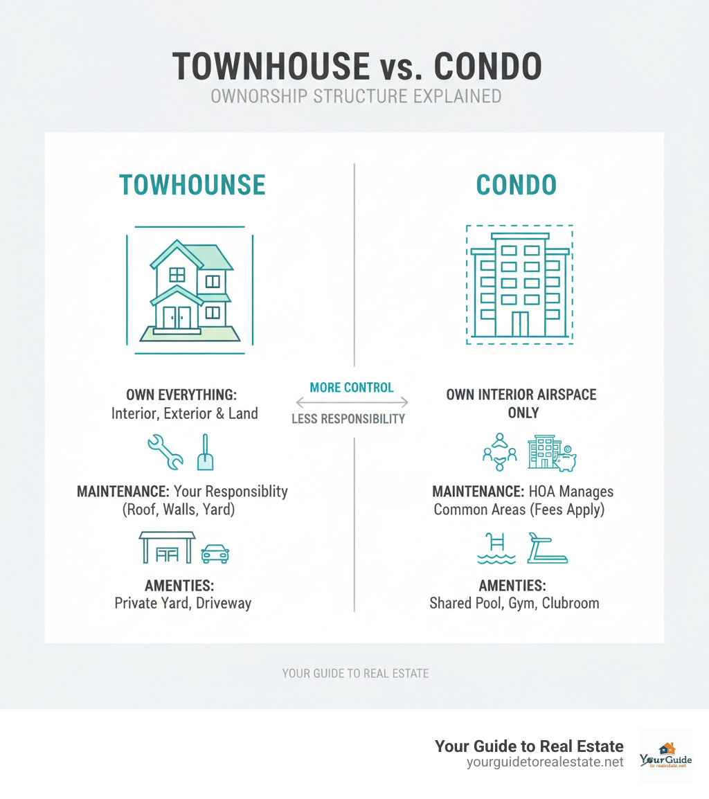 Infographic comparing townhouse vs condo ownership structure, showing townhouse owners owning both interior and exterior plus land, while condo owners own only interior airspace with shared common areas managed by HOA, including visual representations of maintenance responsibilities and typical amenities for each - townhouse vs condo infographic 