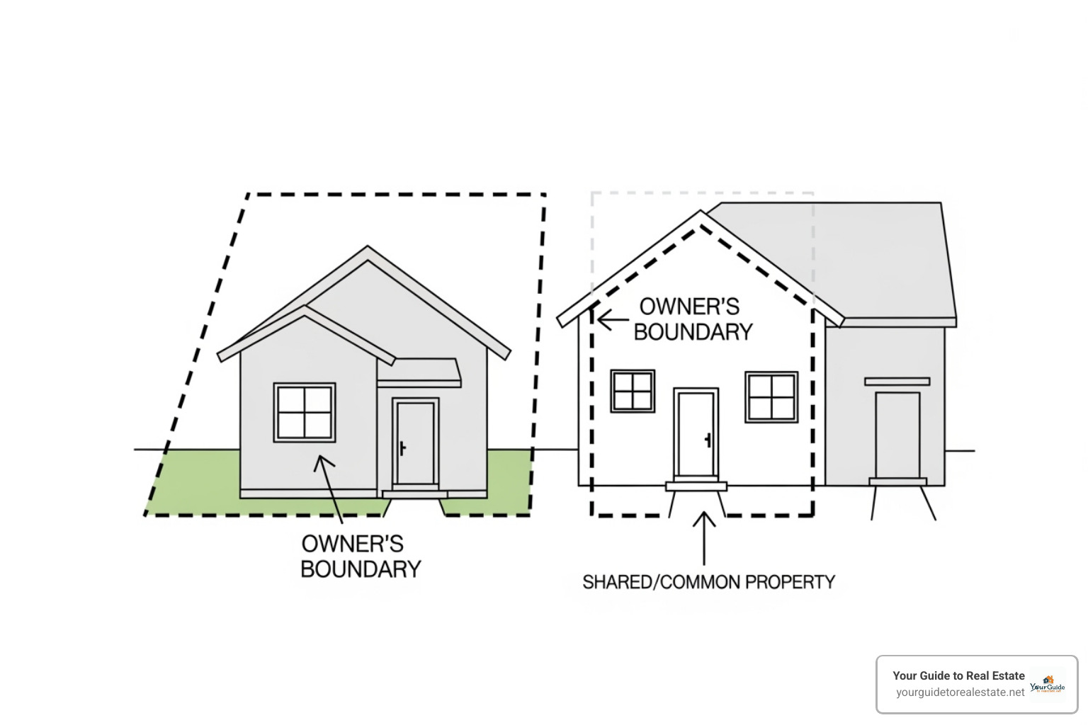 diagram showing condo ownership (interior "airspace") vs. townhouse ownership (structure and land) - townhouse vs condo