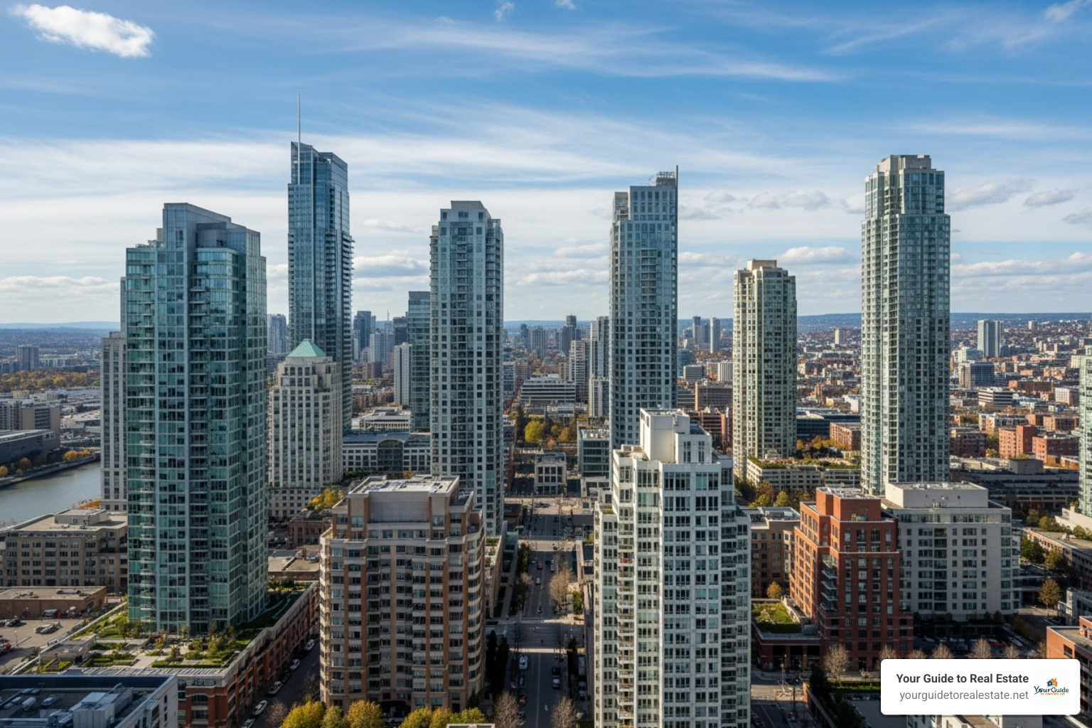 city skyline showing diverse residential towers - difference between condo and apartment city skyline showing diverse residential towers - difference between condo and apartment