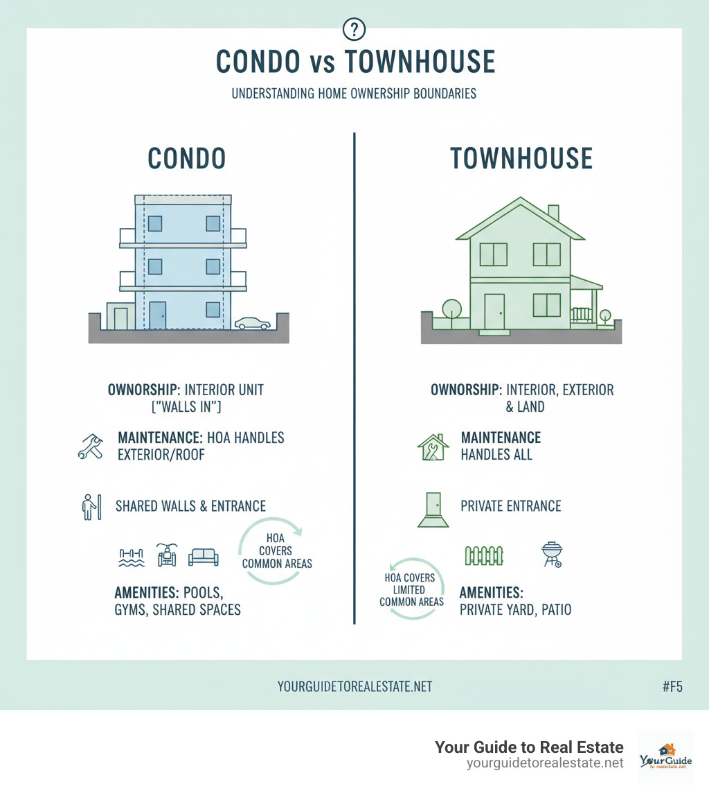 Detailed comparison infographic showing a condo unit cross-section next to a townhouse cross-section, highlighting ownership boundaries, maintenance responsibilities, typical amenities, and key features like shared walls, private entrances, and HOA coverage areas - difference between condo and townhouse infographic Detailed comparison infographic showing a condo unit cross-section next to a townhouse cross-section, highlighting ownership boundaries, maintenance responsibilities, typical amenities, and key features like shared walls, private entrances, and HOA coverage areas - difference between condo and townhouse infographic