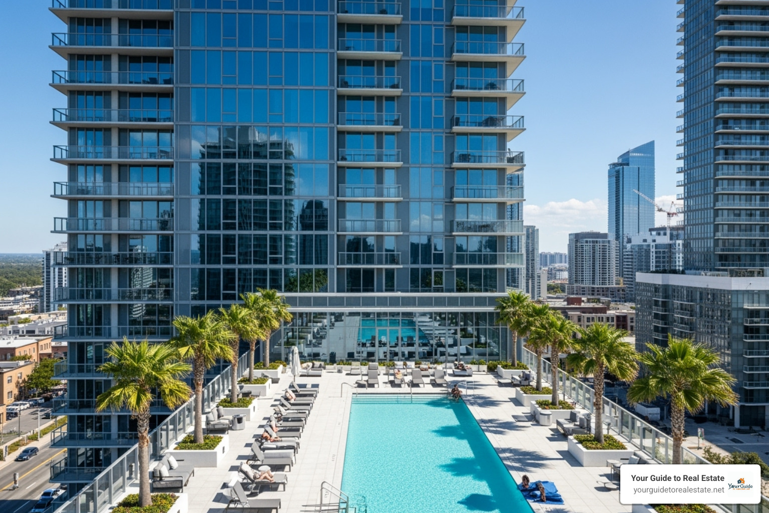 high-rise condo building with visible pool amenity - difference between condo and townhouse high-rise condo building with visible pool amenity - difference between condo and townhouse