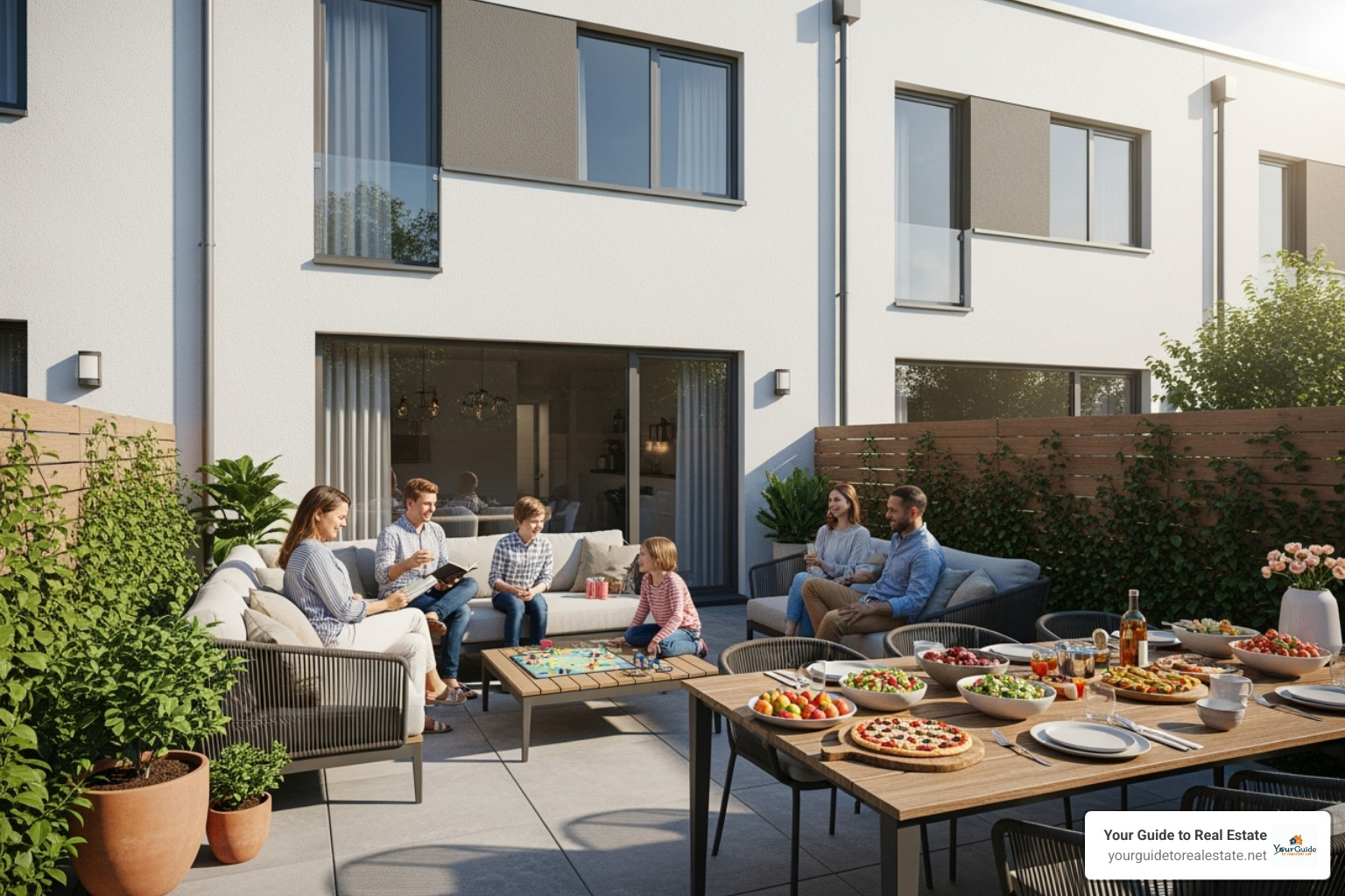 family enjoying private patio behind townhouse - difference between condo and townhouse family enjoying private patio behind townhouse - difference between condo and townhouse