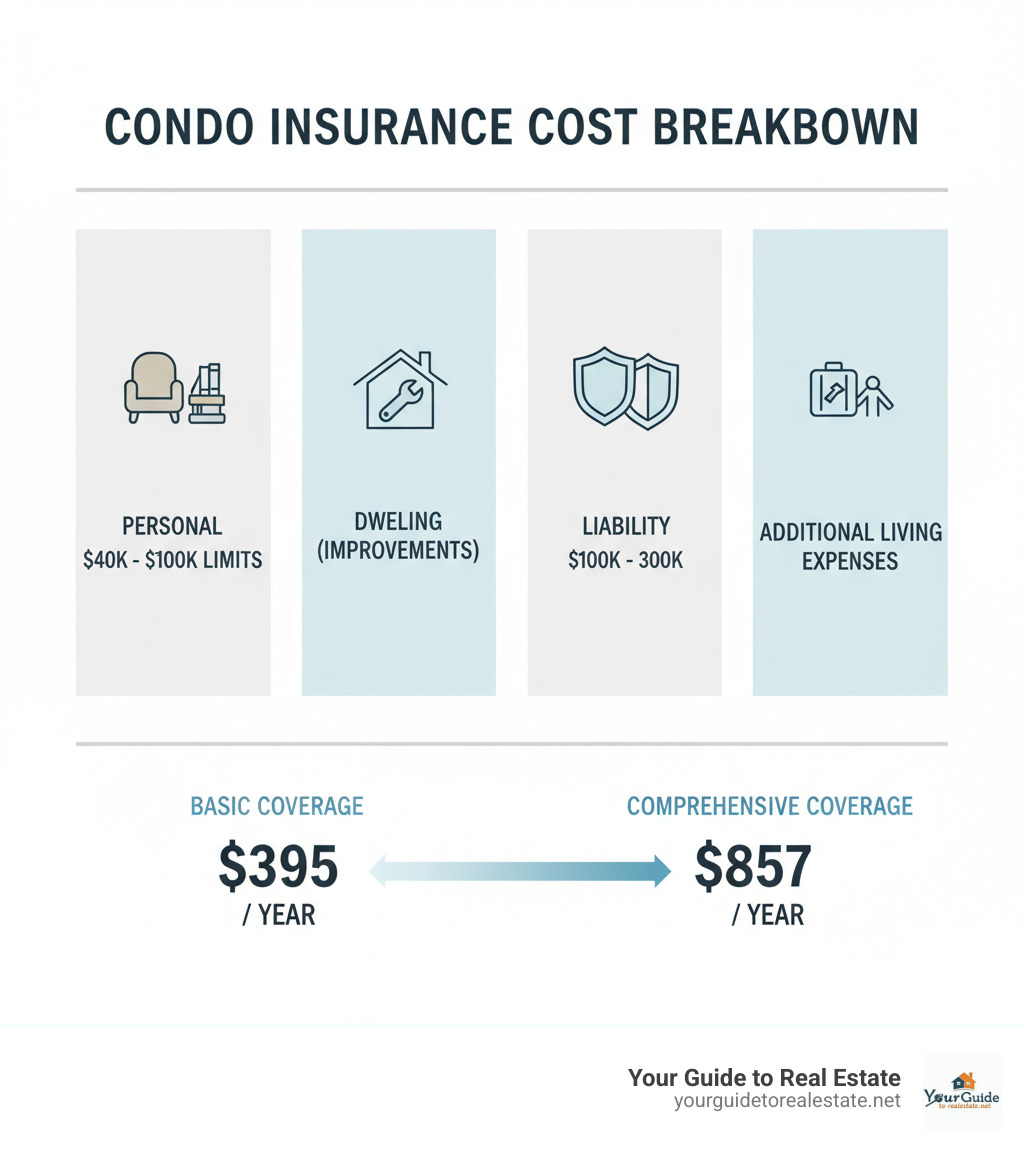 Infographic showing condo insurance cost breakdown by coverage type: personal property coverage ($40,000-$100,000 limits), dwelling coverage for unit improvements, liability coverage ($100,000-$300,000), and additional living expenses, with average annual costs ranging from $395 for basic coverage to $857 for comprehensive coverage - condo insurance cost infographic 