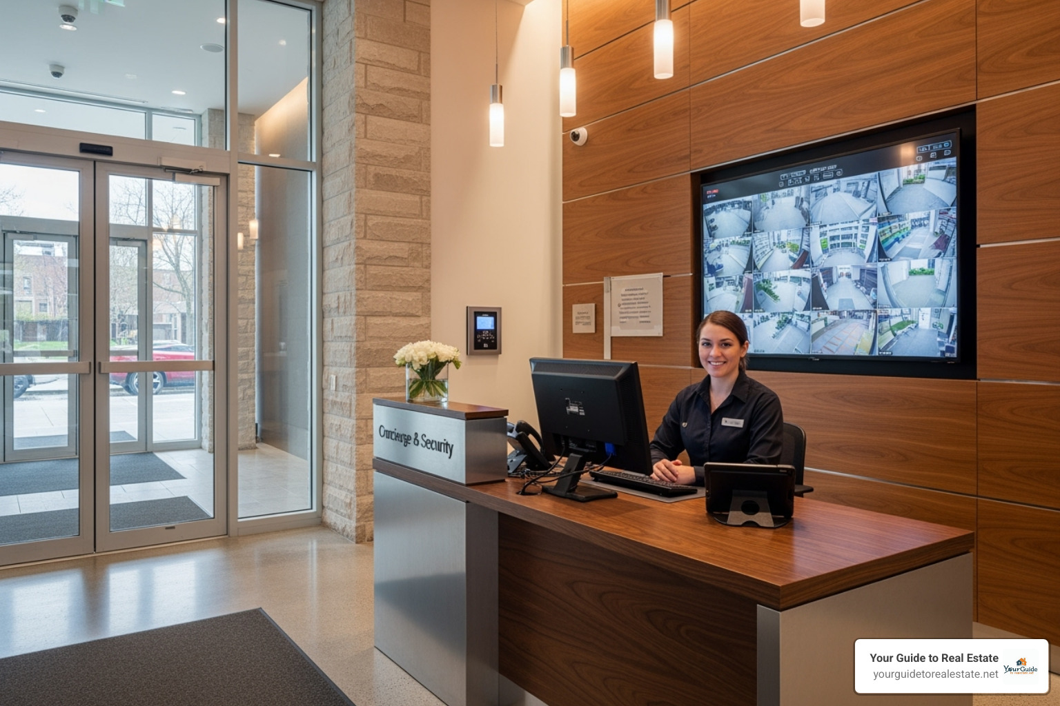 Condo building with a concierge to represent security features - condo insurance cost