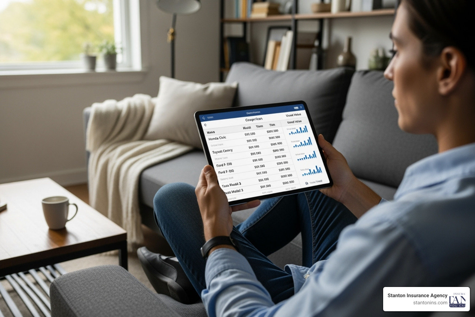 Person researching car values on a tablet - Collision vs Limited Collision