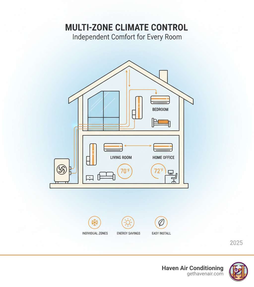 Infographic showing a cutaway view of a two-story home with a single outdoor unit connected via refrigerant lines to wall-mounted indoor units in different rooms, with temperature displays showing different settings for each zone like 70°F in the living room, 68°F in the bedroom, and 72°F in the home office - Multi zone mini split infographic Infographic showing a cutaway view of a two-story home with a single outdoor unit connected via refrigerant lines to wall-mounted indoor units in different rooms, with temperature displays showing different settings for each zone like 70°F in the living room, 68°F in the bedroom, and 72°F in the home office - Multi zone mini split infographic