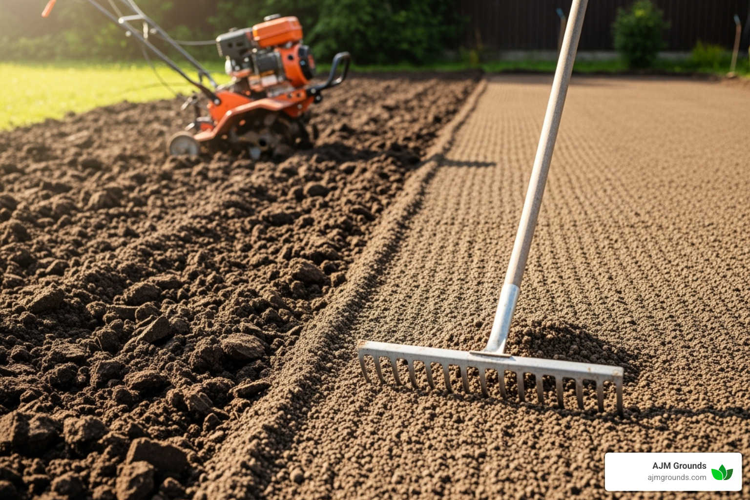 soil being tilled and raked smooth - how to install a new lawn