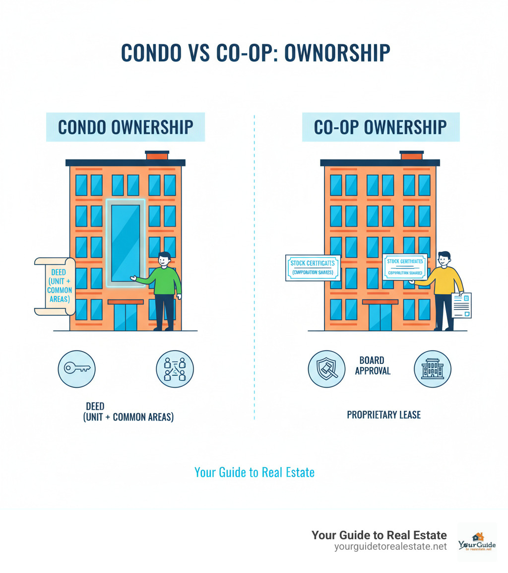 Infographic comparing condo ownership (showing a person holding a deed to their individual unit plus shared common areas) versus co-op ownership (showing a person holding stock certificates representing shares in a corporation that owns the entire building, with a separate proprietary lease document) - condo vs coop infographic 
