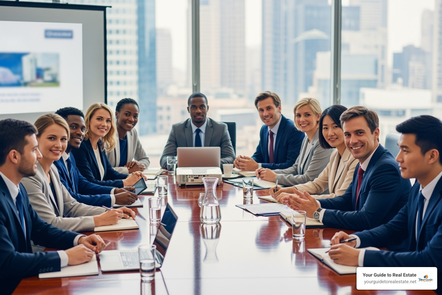 A co-op board meeting with several members around a table, emphasizing the collective decision-making and governance. - condo vs coop